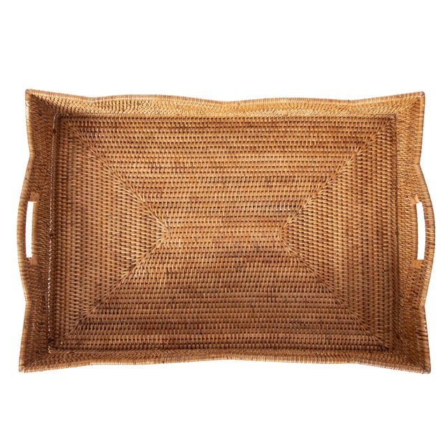 Coastal Artifacts Rattan Scallop Design Butler Tray with Wooden Legs, Honey Brown For Sale - Image 3 of 5