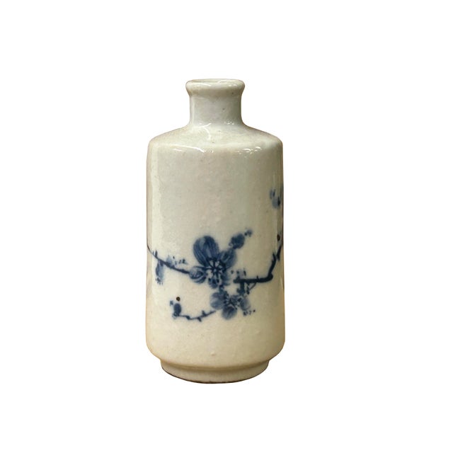 Small Blue White Handpaint Blossom Tree Scenery Graphic Porcelain Vase For Sale - Image 9 of 9