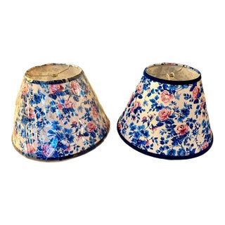 Floral Fabric Lampshades With Navy Velvet Trim, Styled After Brunschwig & Fils, a Pair (New) For Sale