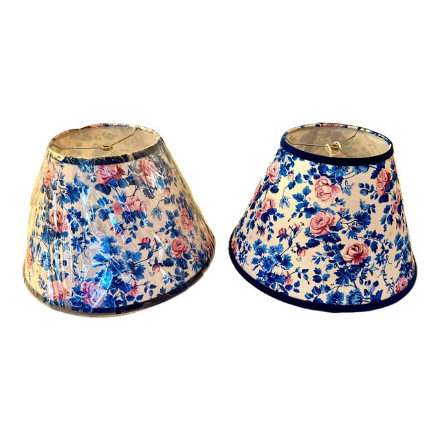 Floral Fabric Lampshades With Navy Velvet Trim, Styled After Brunschwig & Fils, a Pair (New) For Sale