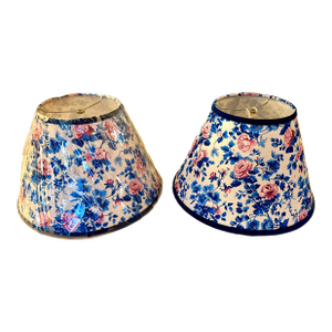 Floral Fabric Lampshades With Navy Velvet Trim, Styled After Brunschwig & Fils, a Pair (New)