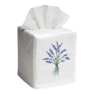 Blue Heather Tissue Box Cover in White Linen / Cotton, Embroidered For Sale