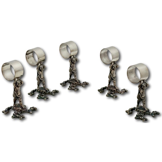 Outstanding Orig. Set of 5 Large Antique Victorian Sheffield England Silverplate Figurative Putti Napkin Rings Circa 1900 For Sale - Image 10 of 18