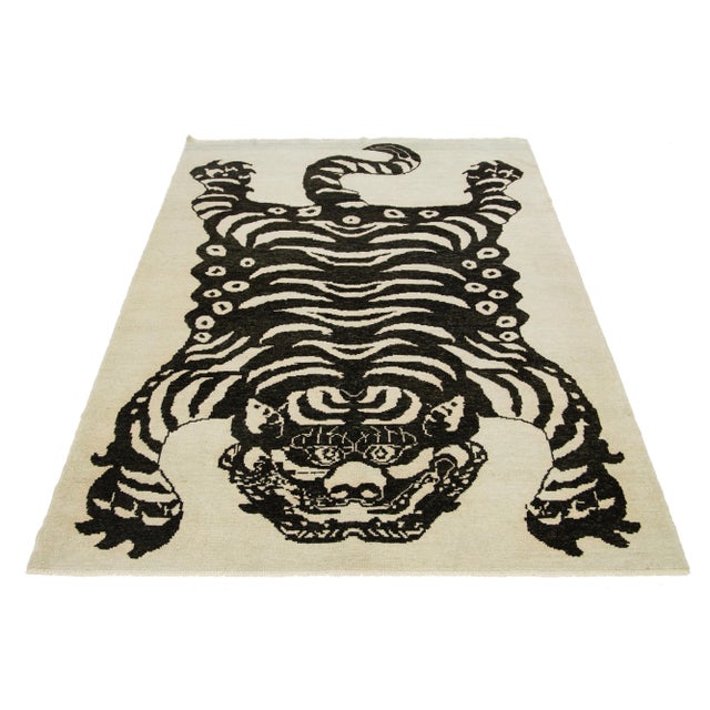 Contemporary 7 X 11 Handmade Contemporary Wool Tiger Rug Designed in Beige and Black For Sale - Image 3 of 10