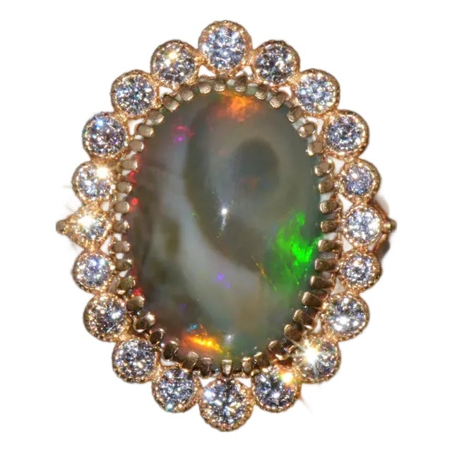 Certified Natural 9.25Cts VS F Diamond Opal 750 18K Solid Gold Cocktail Halo Milgrain Ring, size 6.5 For Sale