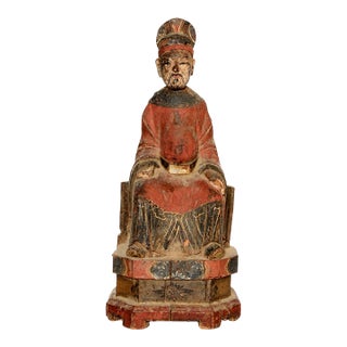 Antique Chinese Figure Ming Official Scholar Hand Painted Wood Statue For Sale