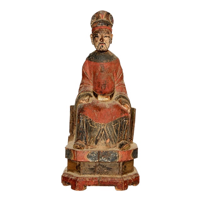 Antique Chinese Figure Ming Official Scholar Hand Painted Wood Statue For Sale