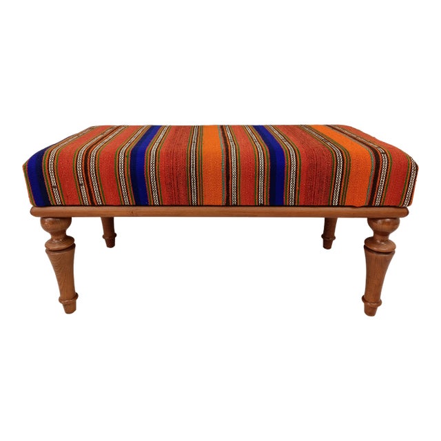 Kilim Upholstered Walnut Vanity Bench For Sale