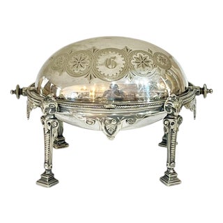 Antique Edwardian Silver Plate Revolving Dome Small Size Butter or Caviar Dish Monogram B For Sale