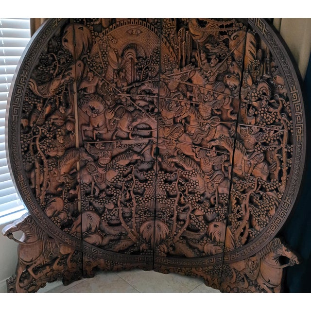 Chinese 1930s Chinese Ornate Large Round Carved Teak Wood Equestrian Screen Divider For Sale - Image 3 of 18