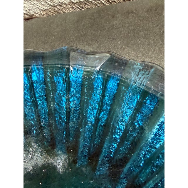 Blenko Wayne Husted Ribbed Glass Ashtray 6112 S Persian Turquoise Blue 10 1/2" For Sale In New York - Image 6 of 7