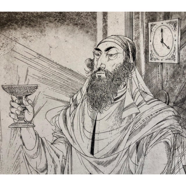 Janos Kass, Hungarian Modernist Judaica Etching Print Kiddush, Jewish Rabbi at Shabbat Feast, 1992 For Sale - Image 4 of 11