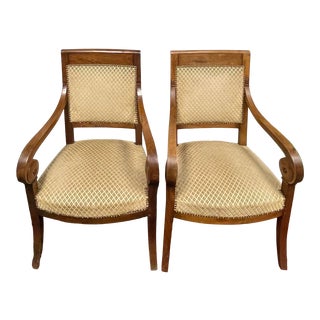 Antique Charles X Style Scroll Arm Upholstered Chairs - a Pair For Sale