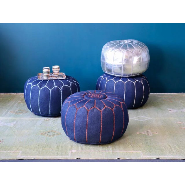 Moroccan Modern Moroccan Olya Blue Denim & Leather Pouf For Sale - Image 3 of 4