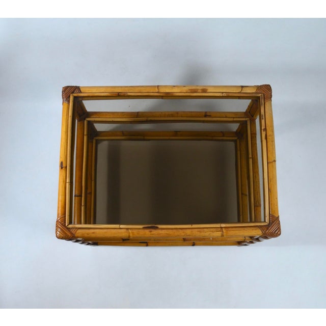 Mid-Century Modern Vintage Bamboo and Smoked Glass Three-Tier Side Table, 1970s For Sale - Image 3 of 11