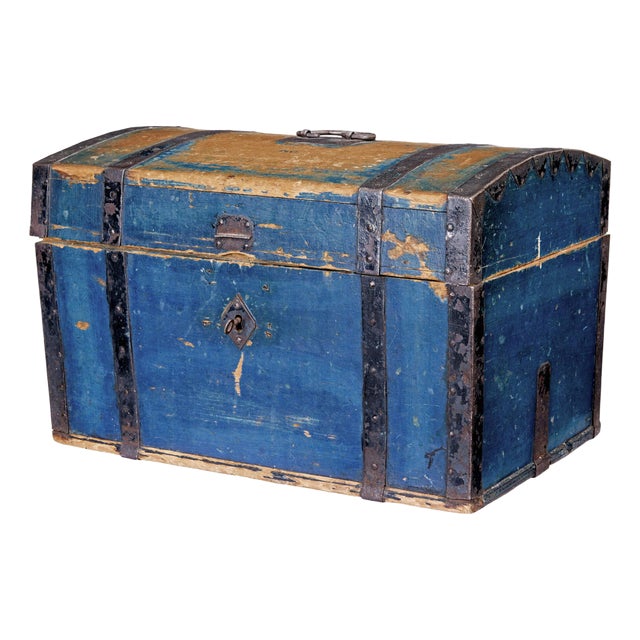Antique Swedish Painted Pine and Metal Chest For Sale