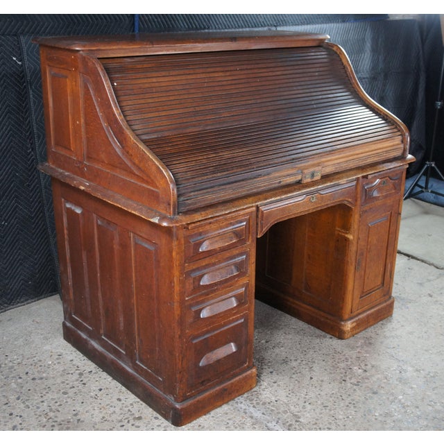 Antique Victorian American Oak S Curve Tambour Roll Top Executive Office Desk For Sale - Image 4 of 15