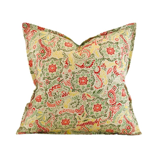 2020s Designer P Kaufmann Cream Coral Green Yellow Botanical Floral Medallion Paisley Suzani Pillow Covers- 21" Pair For Sale - Image 5 of 6
