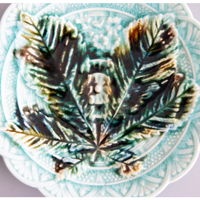 A lovely antique 19th-Century Swedish chestnut leaf majolica dessert plate produced by the renowned Rörstrand company, one...