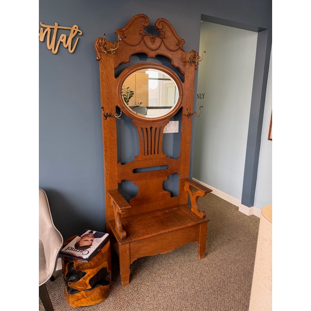 Wood Carved Hall Tree Antique Bench Seat Hang Coats Mirror Seat For Sale - Image 4 of 9