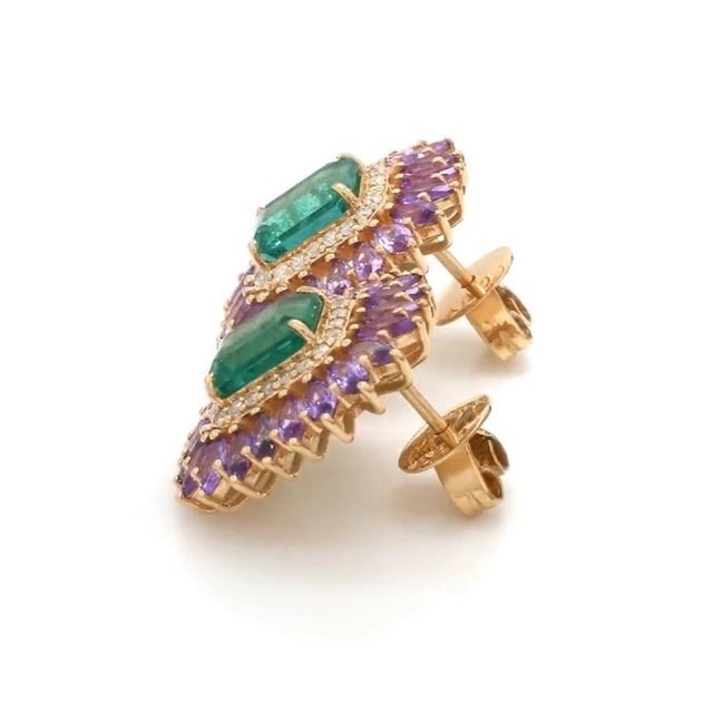 Emerald 3.25 cts Natural emerald and 3.76 cts pink sapphire earring in 14k gold For Sale - Image 8 of 18