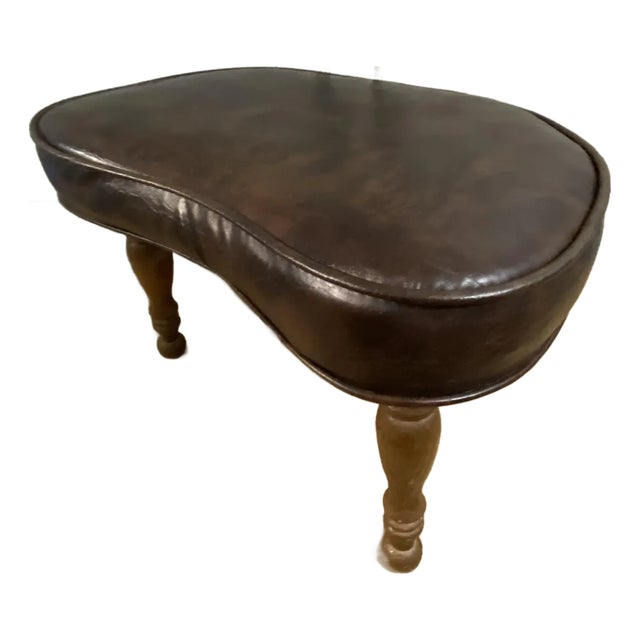 1960s Vintage Mid-Century Modern Kidney Footstool Dark Brown Pleather Wood Legs For Sale