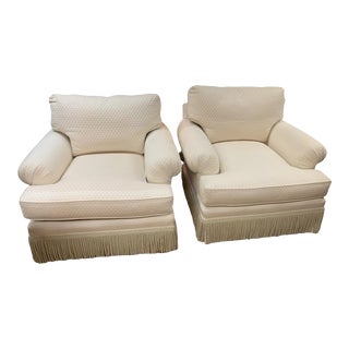 Baker Furniture Rolled Arm Fringe Skirt Cream Upholstered Club Chairs - a Pair For Sale