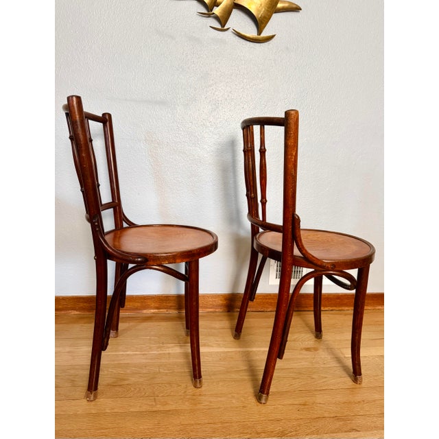 J & J Kohn & Mundus Pair Antique J & J Kohn Mundus Model 337 Bentwood Cafe Chairs Iris Marquetry Seats For Sale - Image 4 of 17