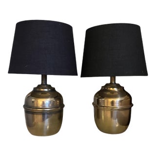 Pair of Vintage Brass Capsule Table Lamps With Black Shades For Sale