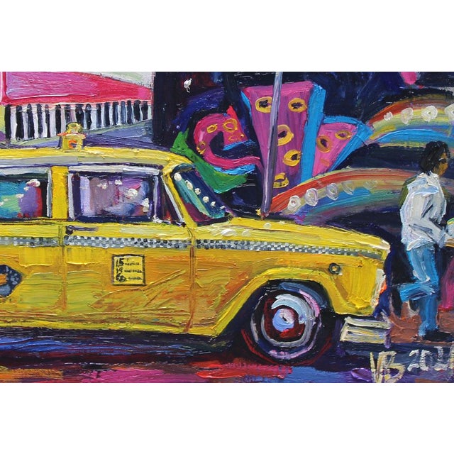 Slightly textured painting painted with vibrant oil represents old time yellow taxi cab standing on the street. Graffiti...
