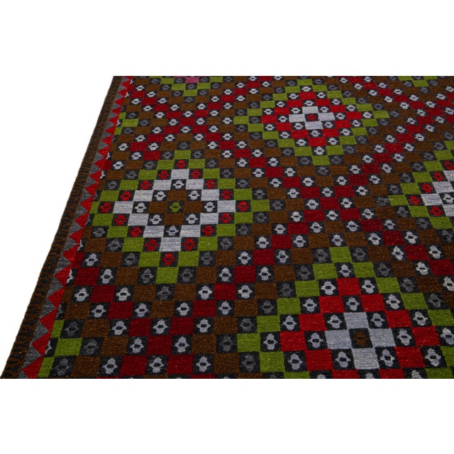 Brown Brown Modern Soumak Handmade Multicolor Geometric Designed Wool Rug For Sale - Image 8 of 11