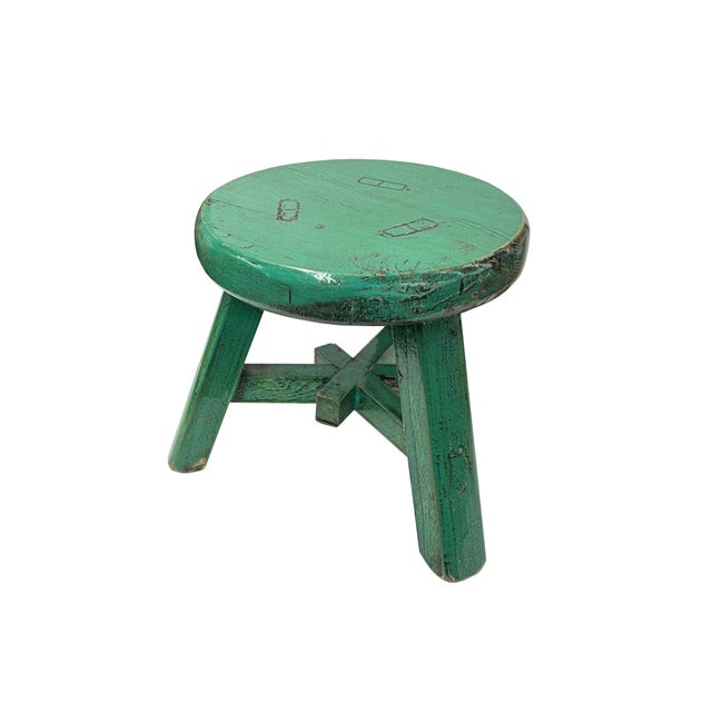 1990s Rustic Distressed Teal Green Round Top Tri-Legs Small Short Stool Table Stand For Sale - Image 5 of 6