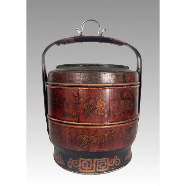 Large Antique Chinese Tiered Storage Box or Basket, Sewing Box, Hand Decorated & Signed With Auspicious Objects For Sale - Image 4 of 12