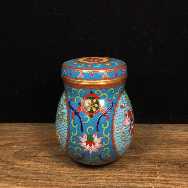 Vintage Chinese Cloisonné Enamel Cricket Jar With Mandarin Ducks and Lotus Motif For Sale In Los Angeles - Image 6 of 9