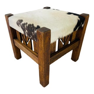 Vintage Mission Oak Footstool With Cowhide For Sale