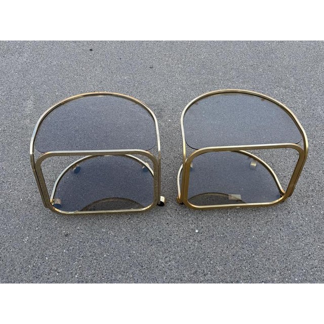 German Brass Rollable Nightstands with Toned Glass Shelves, 1970s, Set of 2 For Sale - Image 5 of 9
