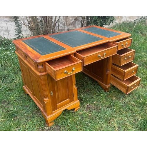 "1950s/60s desk" - solid wood desk with a green leather-covered top, three drawers in the front and three drawers on the...