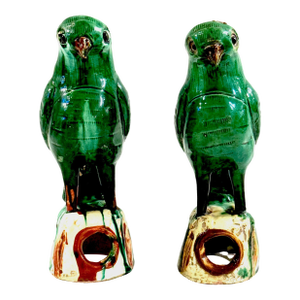 Pair #2 Chinese Export Porcelain Green Sancai Glazed Parrots
