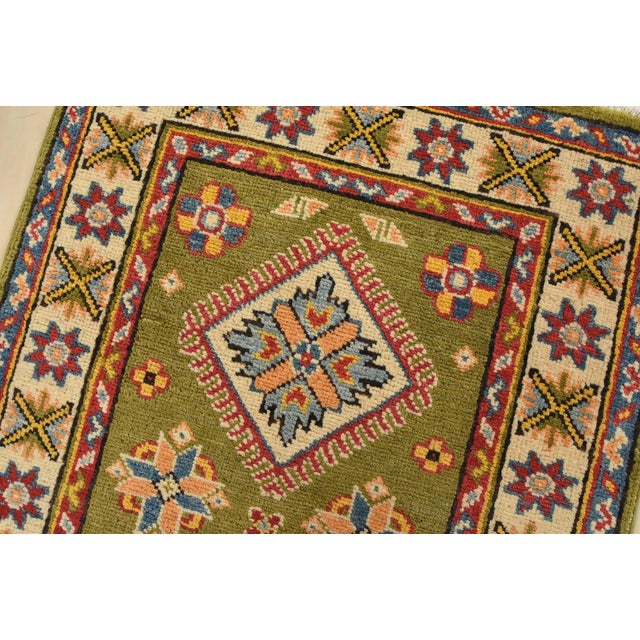 Kazak Runner 2’1” X 5’11” Green Wool Tribal Hand-Knotted Oriental Rug For Sale In Philadelphia - Image 6 of 10