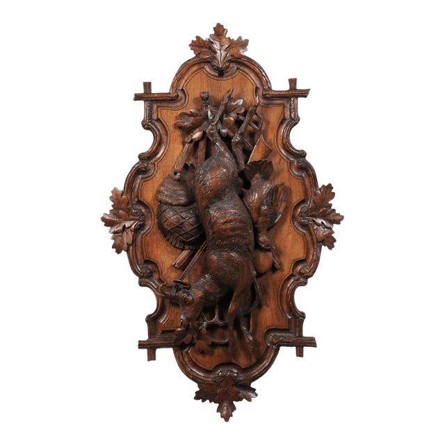 Black Forest Period 19th Century German Oak Wall Carving with Hunting Trophy For Sale