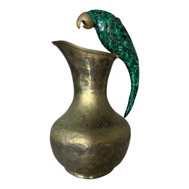 Vintage Brass Pitcher With Malachite Parrot Handle For Sale