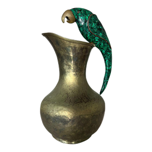 Vintage Brass Pitcher With Malachite Parrot Handle