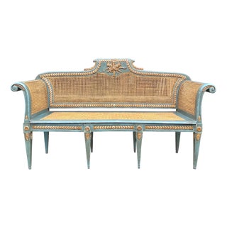 Louis XVI Painted Caned Bergère Sofa, 1880s For Sale