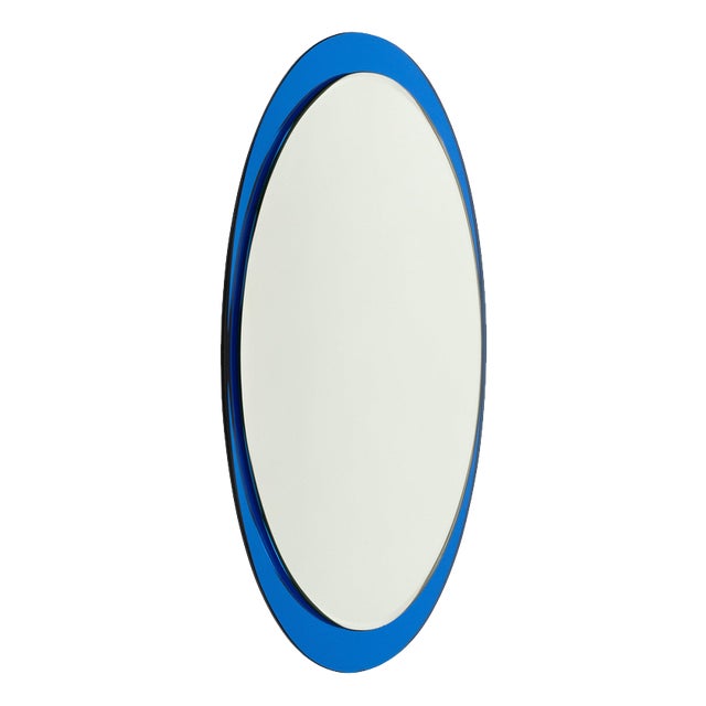 Mid-Century Modern Oval Blue Wall Mirror by Metalvetro Galvorame, Italy, 1970s For Sale