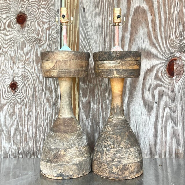 Vintage Rustic Sculptural Turned Wood Table Lamps, Pair For Sale In West Palm - Image 6 of 14