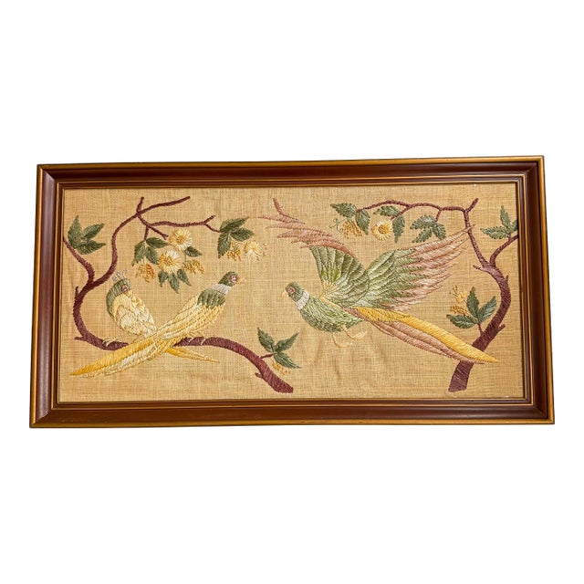 Vintage Embroidered Bird Textile Wall Panel in Wood Frame For Sale