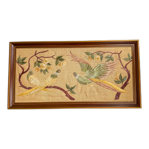 Vintage Embroidered Bird Textile Wall Panel in Wood Frame