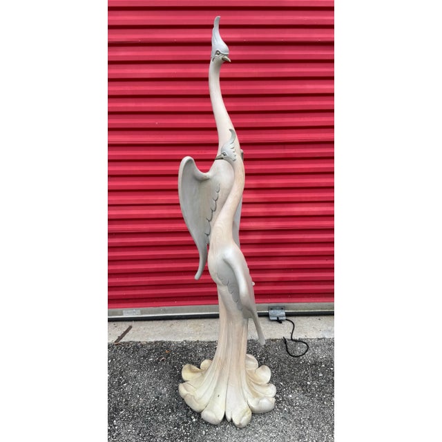 62” Ft Vintage Brass and Carved Solid Wood Herons Cranes Birds Sculpture Manner of Sarried For Sale In West Palm - Image 6 of 12