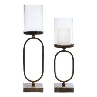 Modern Metal Candle Holder with Glass Hurricane (Set of 2) For Sale