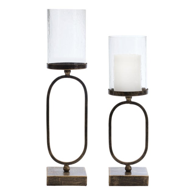 Modern Metal Candle Holder with Glass Hurricane (Set of 2) For Sale